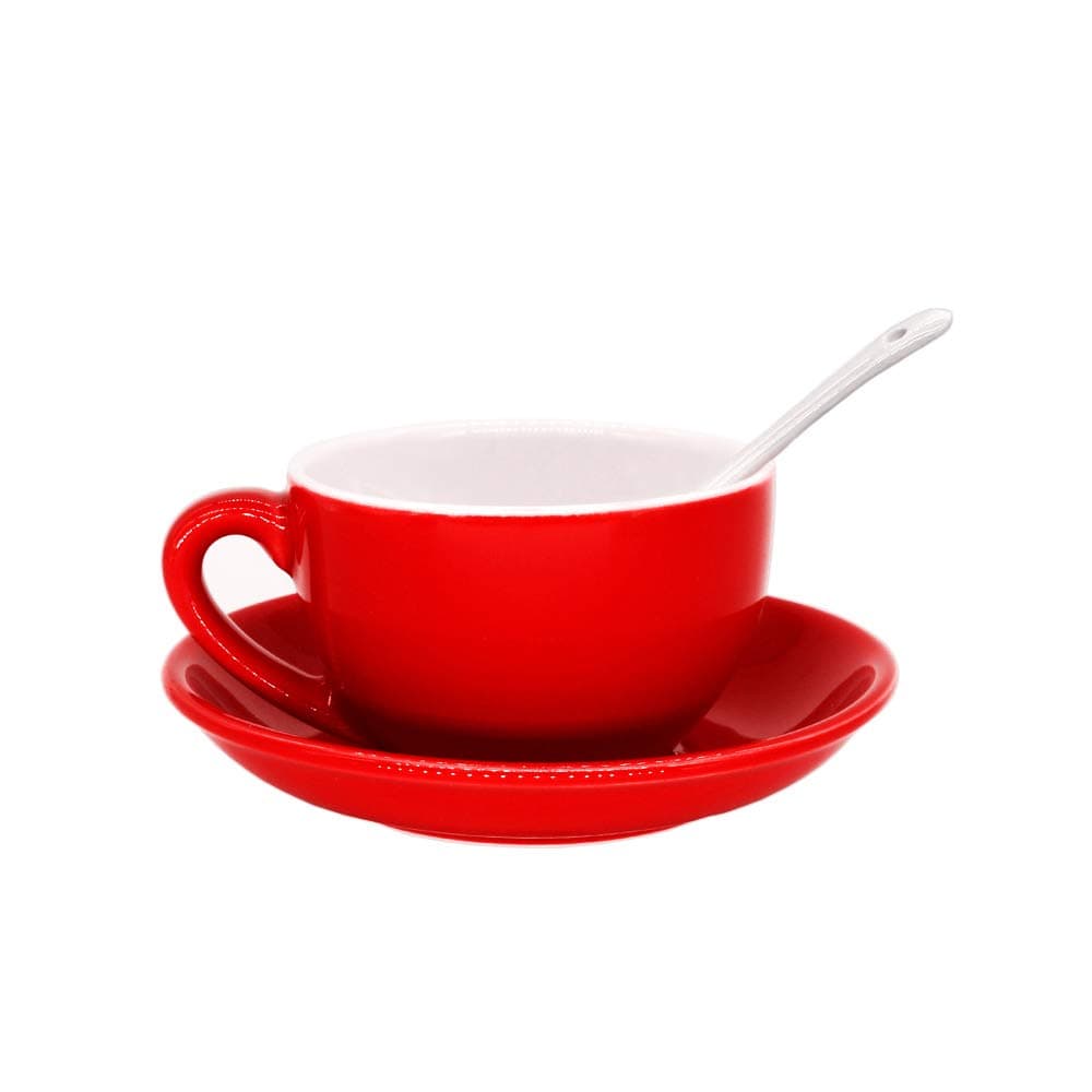 Porcelain Cappuccino Cups with Saucers, Porcelain Espresso Cups with Saucers, Coffee Drinks, Latte, Cafe Mocha and Tea (Red)