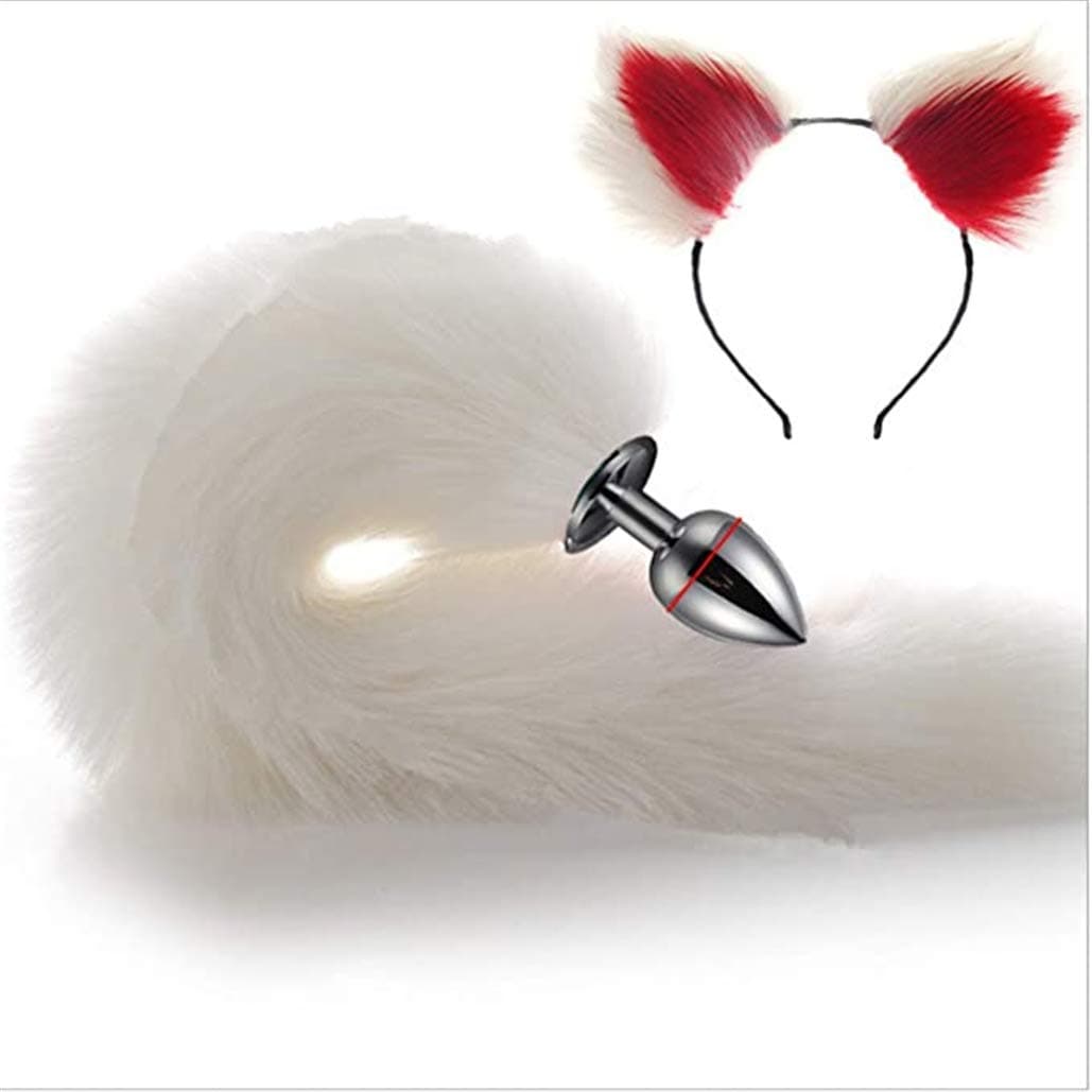 White Three Sizes Fluffy Faux Fox Tail & Cat Ears Headband Charms Role Play Costume Party Masquerade Cosplay Prop (White & Red, S)