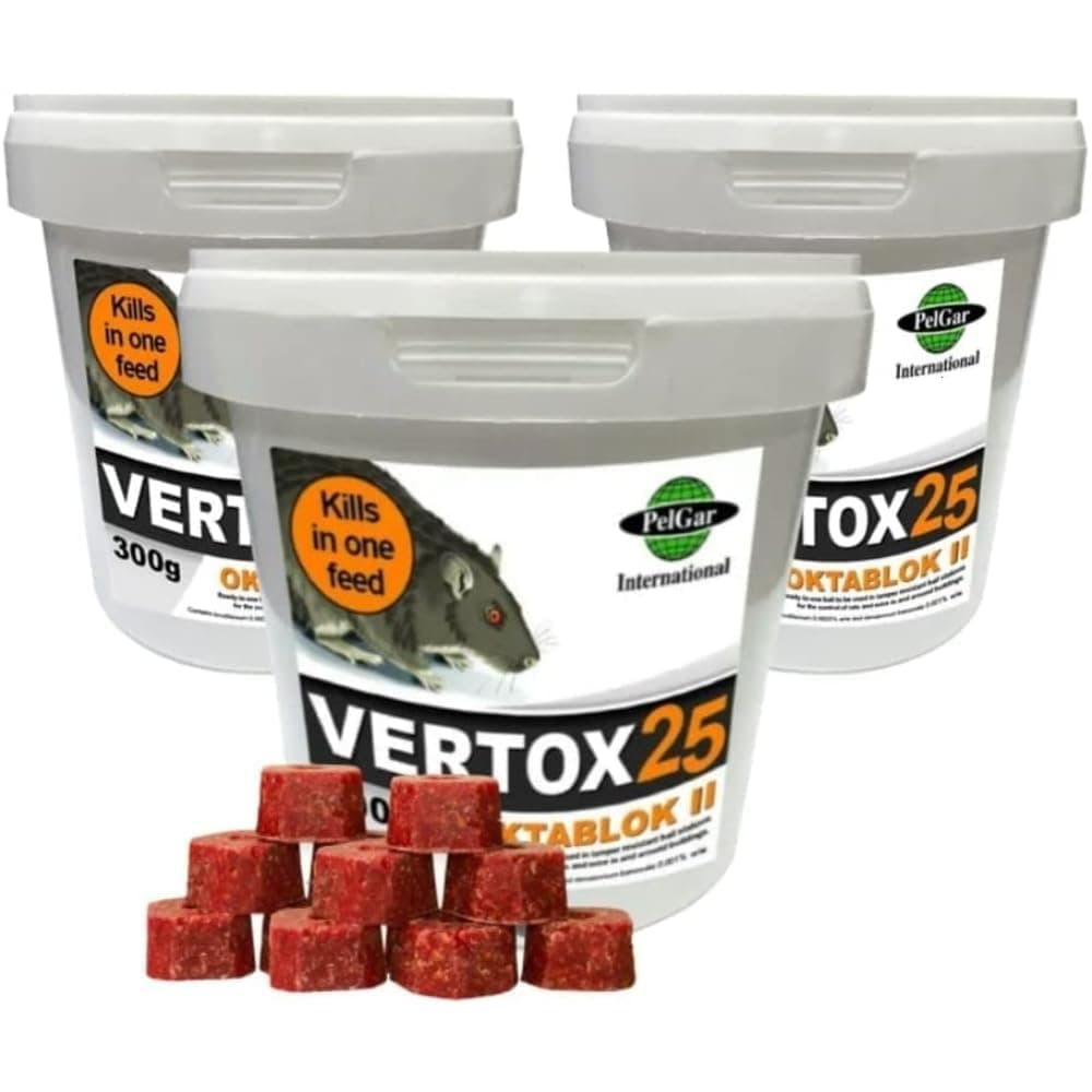 Rat Poisoning Blocks Mouse Bait Blocks Single Feed Rodent Killer Block Max Strength Fast Acting All Weather Bait Block 3 Tubs (VERTOX OKTABLOK ll- 300g).