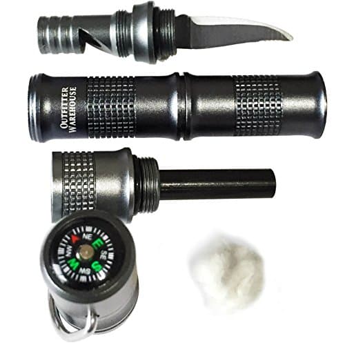 Fire Starter With Knife - Flint - Compass & Emergancy Whistle in Metal Case - Water Proof Storage With Coton Balls - Survival is Easy Using this Fire Starter