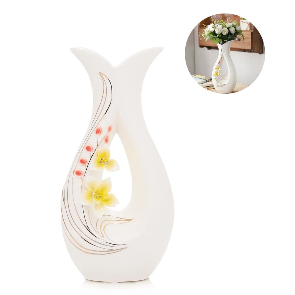 Tall White Ceramic Flower Vases,11.6’’ High Decorative Vases with Handmade Porcelain Yellow Flowers for Living Room, Kitchen, Table, Home, Office, Centerpiece, Wedding, Party or as a Gift