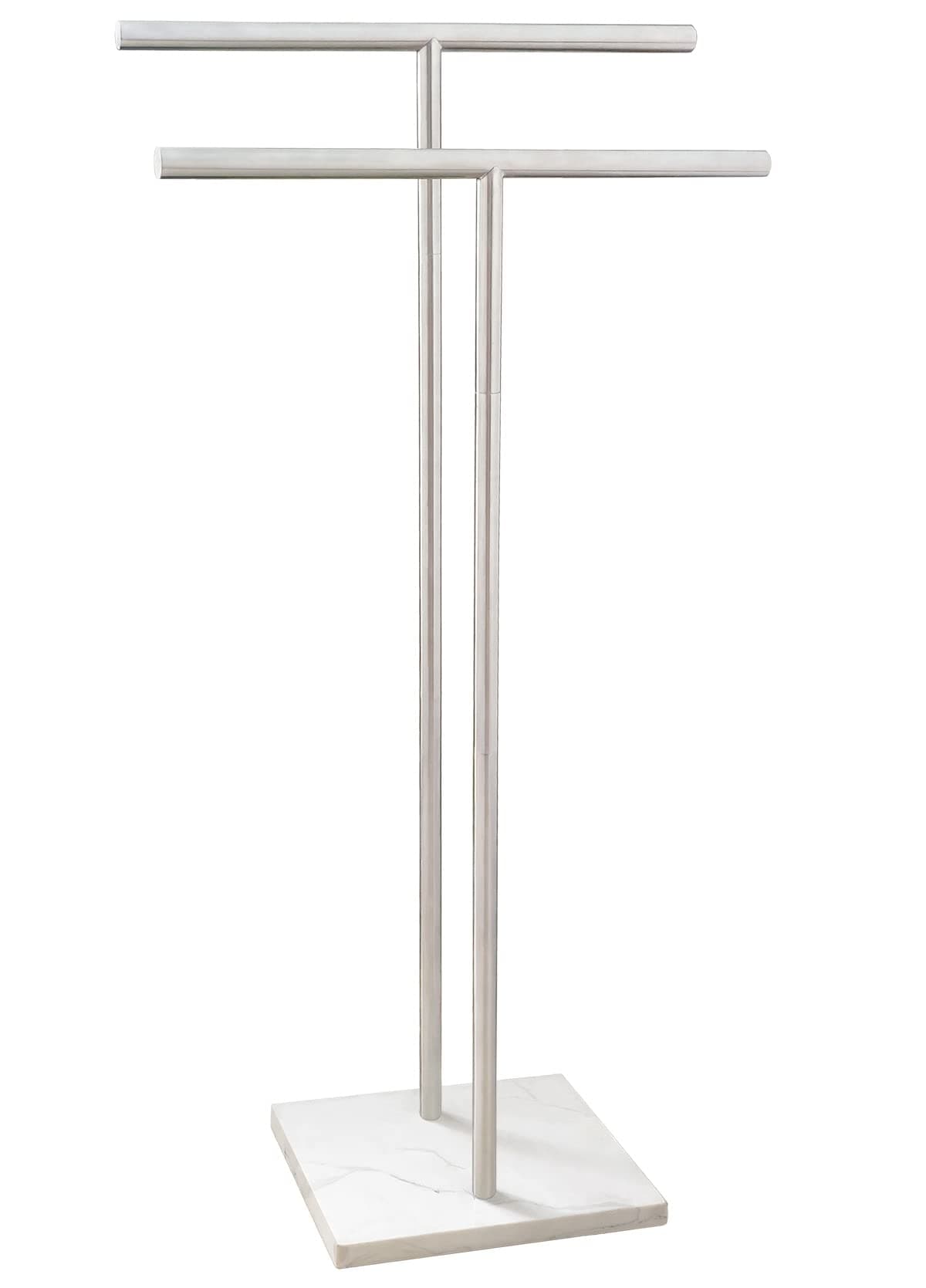 EADOT 40 Inch Standing Towel Rack Double-T Shape Tall Bath Towel Sheet Holder with Marble Design Base for Bathroom Floor Next to Tub or Shower 2 Tier Towel Holder Stand Stainless Steel Brushed Nickel
