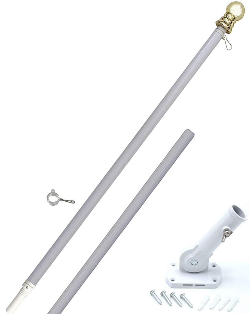 American Signature Flag Pole and Bracket Holder Kit: Includes 5 Ft Heavy Duty Aluminum Tangle Free Spinning Flag Pole and Adjustable Outdoor Wall Mount Bracket (White, 5')