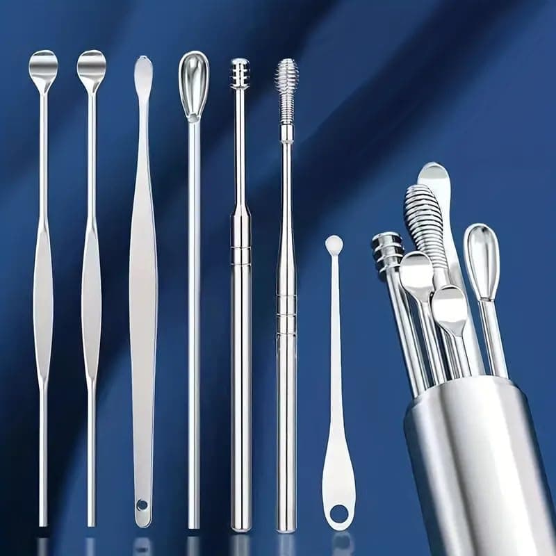 Ear Wax Cleaner (6 Pc) Resuable Ear Cleaner Tool Set with Storage Box Ear Wax Cleaner Removal Kit Steel Ear Cleansing Tool Set Spiral Ear Curette Tool with Cleaning Brush For Kids Man Woman