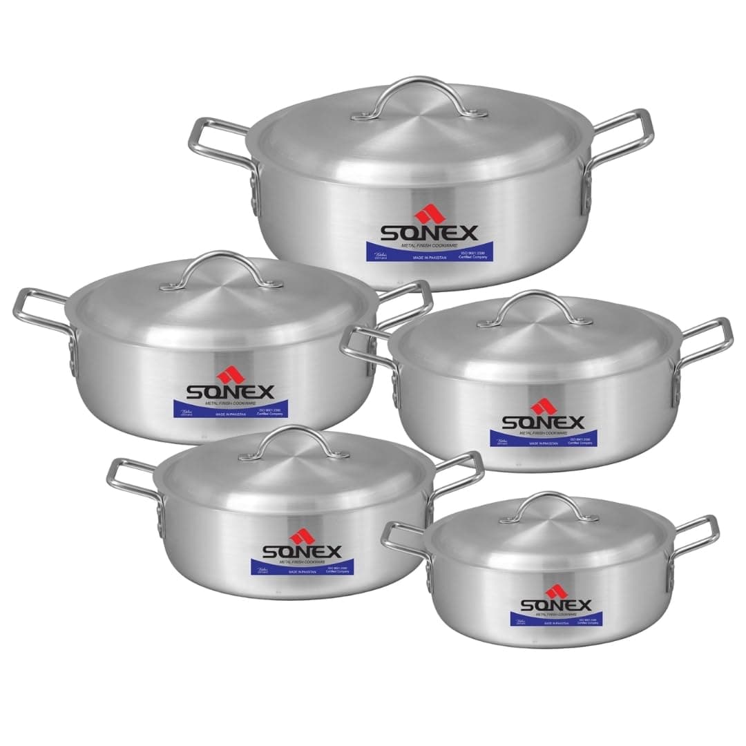 SONEX COOKWARES 10 Piece Set, 5 Pots 5 Lids, Designed for Cooking Fish, Premium Aluminum, Excellent Heat Distribution, Ergonomic Handles, Dishwasher Safe, Oven Safe up to 400°F, 23.5/26/31/35.5/38.5cm