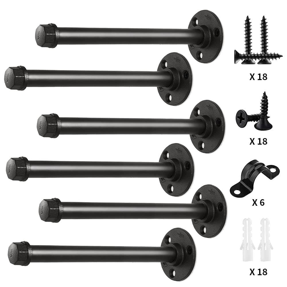 Eledom Pipe Shelf Brackets 12 Inch, Industrial Iron Pipe Floating Shelf Bracket Heavy Duty Metal Shelving Brackets for Shelves- 6 Pack Black (12 inch-6 Pack)