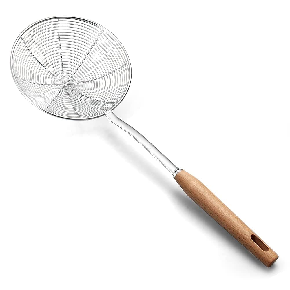 5.5 Inch Spider Strainer with Wood Handle, Pasta Strainer Skimmer Ladle for Kitchen Cooking Frying Food (5.5Inch/14cm)