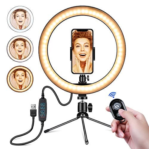 10" LED Ring Light with Tripod Stand and Phone Holder for Selfie,Live Streaming & YouTube Video, Dimmable Desk Makeup Ring Light for Photography, Shooting with 3 Light Modes and 10 Brightness Level