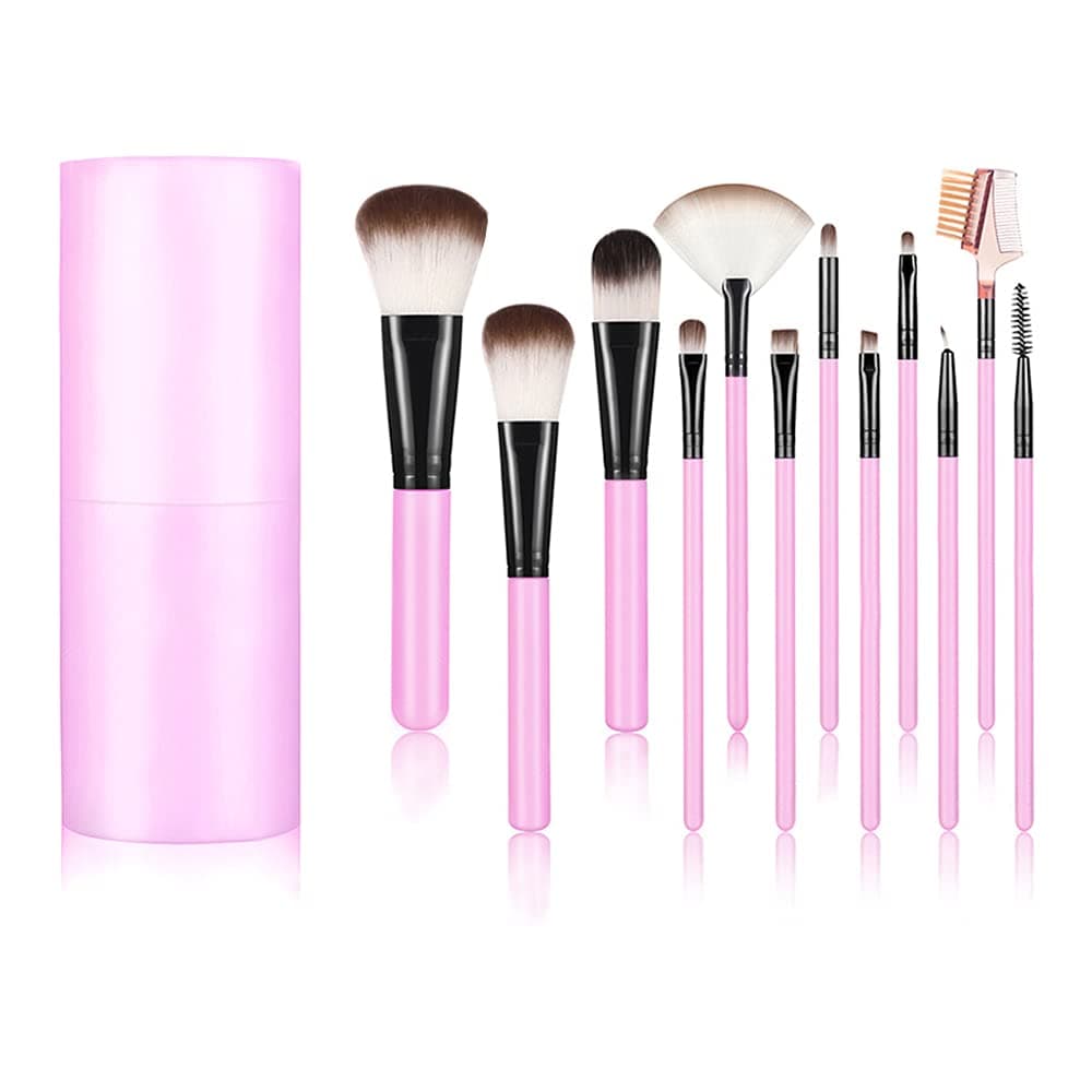 Qpower 12 Pcs Professional Core Makeup Brush Set Foundation Blending Blush Eyeliner Powder Kit Makeup Tool with Cup Plastic Holder Best Birthday Gift for Lover (pink