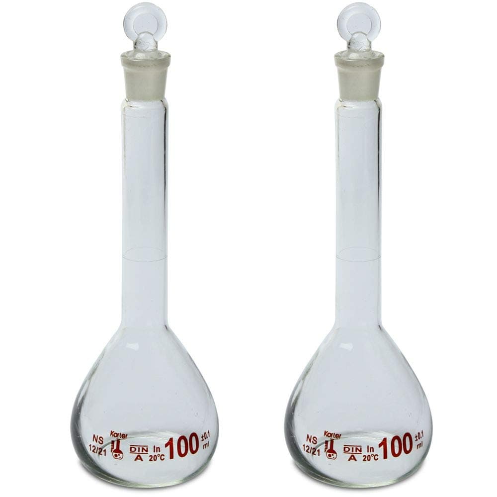 100ml Volumetric Flask, 3.3 Boro Glass, Class A, Ground Stopper, Karter Scientific 213W5 (Pack of 2)