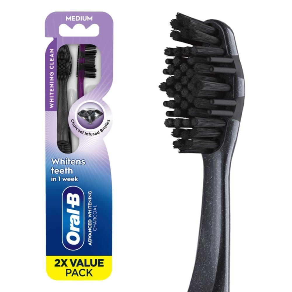 3D White Charcoal Toothbrush, 2 Count Medium Manual tootbrush Pack, Whitens Teeth, removes Plaque and Stains, Tongue Scraper Tooth Brush