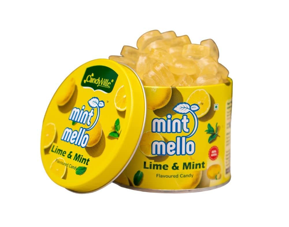 CandyVille Mint Mello Lime Mint Candy Tin (340 Gm) | Mild Mint | Lemon Drops With Menthol | Flavoured Candy