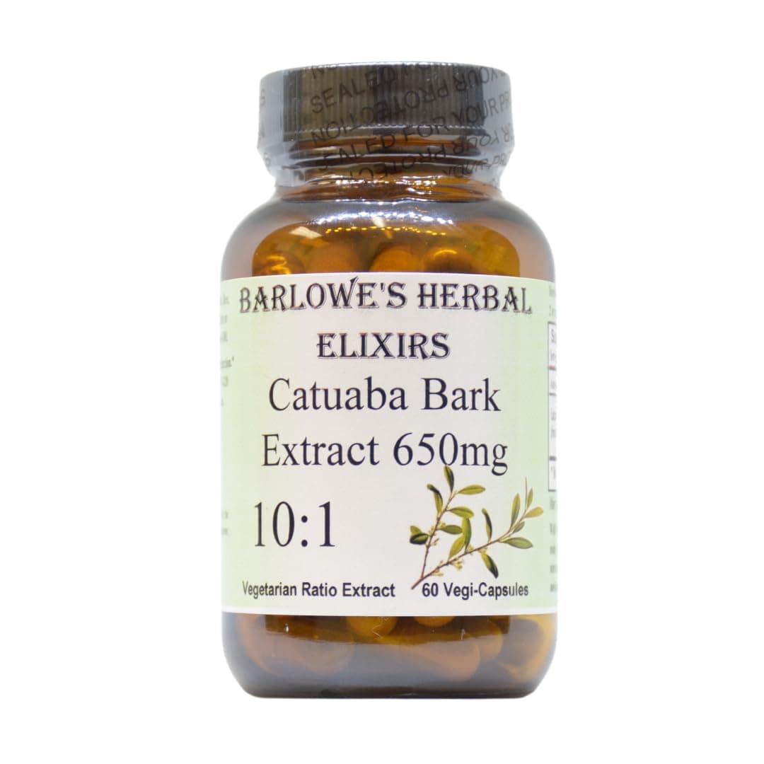 Barlowe's Herbal Elixirs Catuaba | 10:1 Extract | 650mg Per Capsule | Traditional Vitality Herb | 60 Vegan Capsules | Non-GMO, Stearate-Free, Glass Bottled