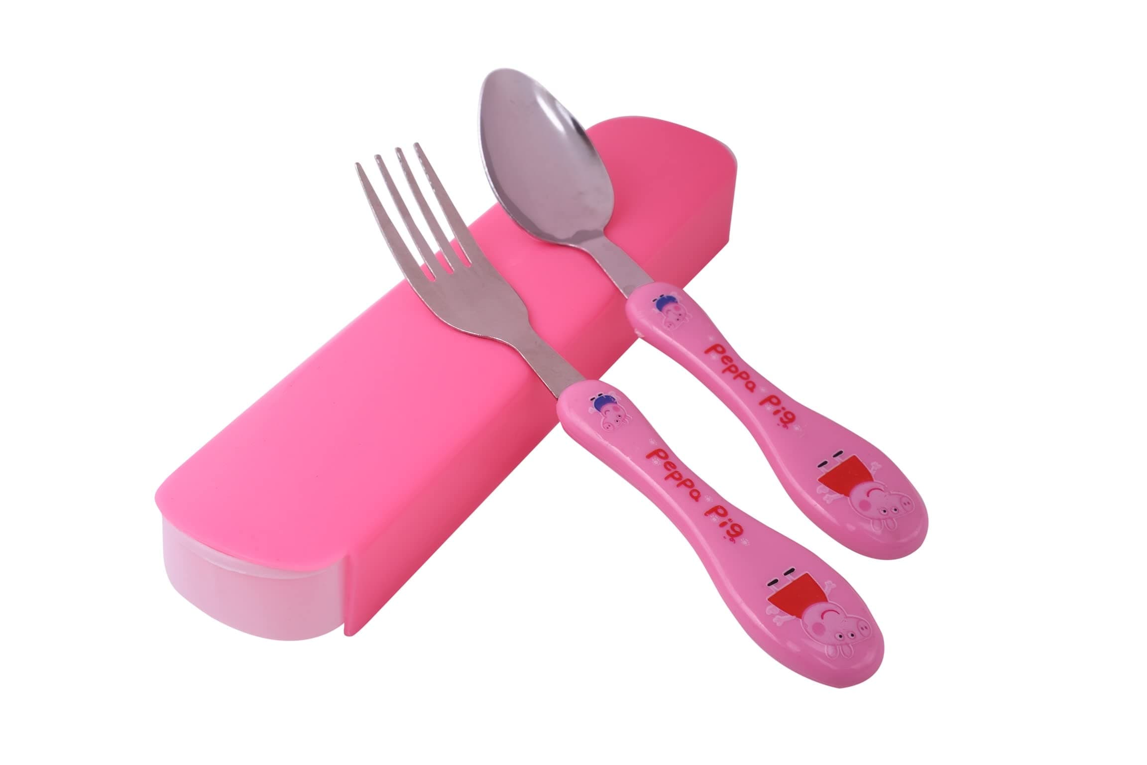 CherryBoxSpoon & Fork Set - Stainless Steel with Carry Case for Kids with Cute Cartoon Character (Pink Peppa Pig)