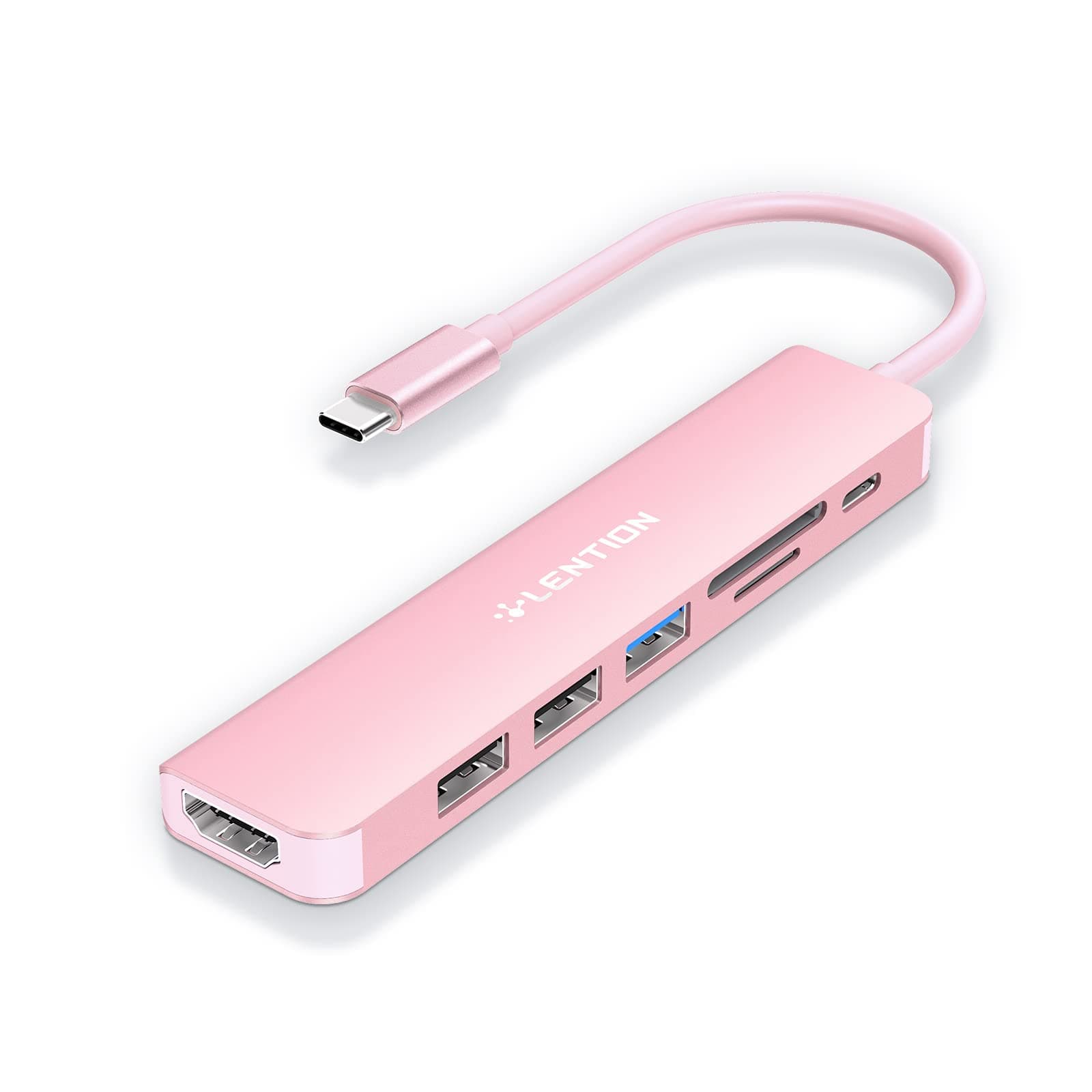 LENTION USB C Hub with 100W Charging, 4K HDMI, Dual Card Reader, USB 3.0 & 2.0 Compatible MacBook Pro, New Mac Air/Surface, Chromebook, More, Stable Driver Adapter (CB-CE18, Rose Gold)