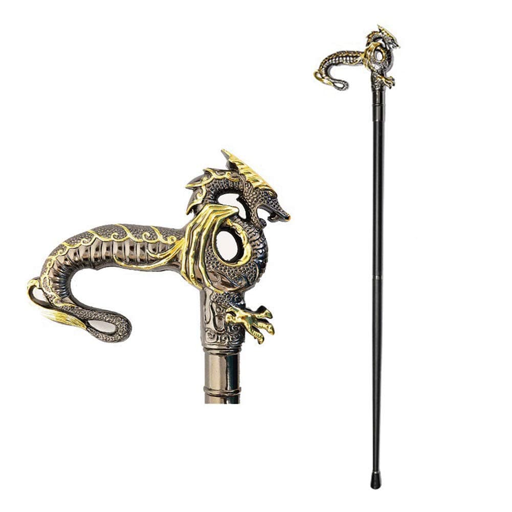 Stately Walking Stick Pewter-look Metal Roaring Dragon Handle 2-Piece Cane