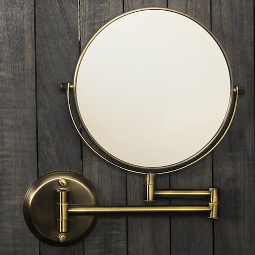 Trish Hotel Quality 8" Magnification Wall Mount Swing Arm Mirror. Two-Sided Regular & 7X Magnification. Brushed Brass Finish.