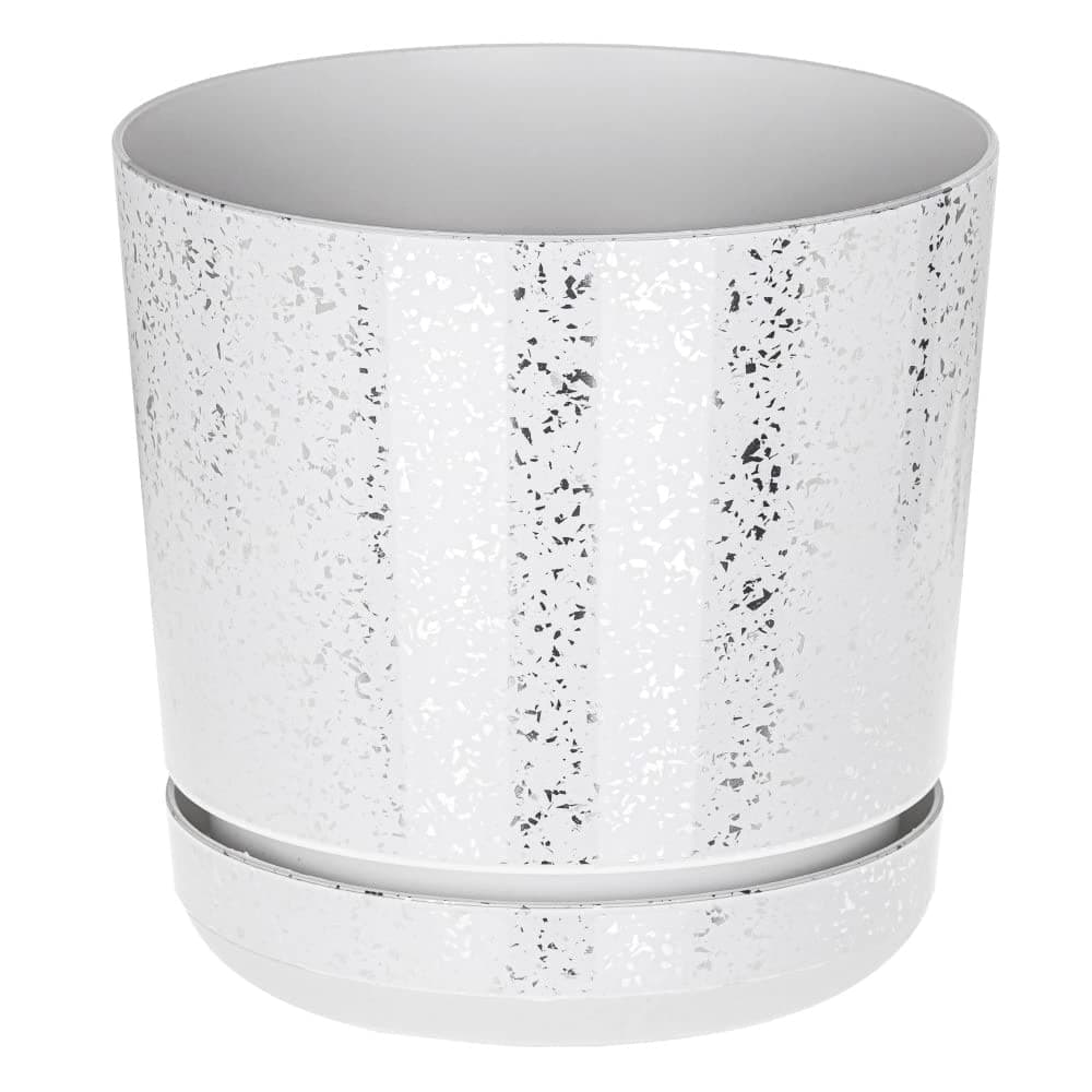 KORAD White with Silver Flecks Indoor Plant Pots with Drainage Holes and Matching Saucer, Round, Modern and Decorative Flowerpot for All Houseplants, 6 Sizes, 25 Colours (12 cm - 4.7 inch)