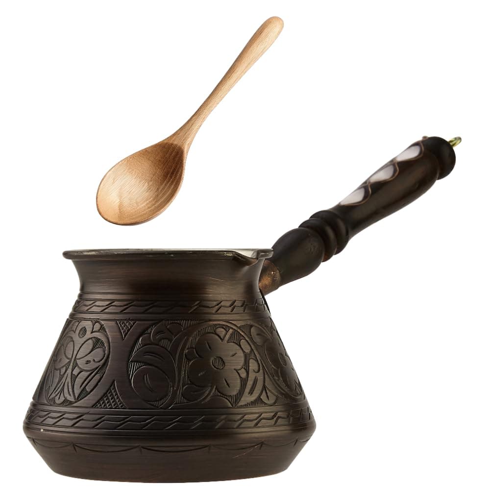 DEMMEX Thick Copper Turkish Greek Arabic Coffee Pot 250 ml, Traditional Hand Engraved Cezve Ibrik Briki with Wooden Handle & Spoon, Handmade in Turkey (Antique)