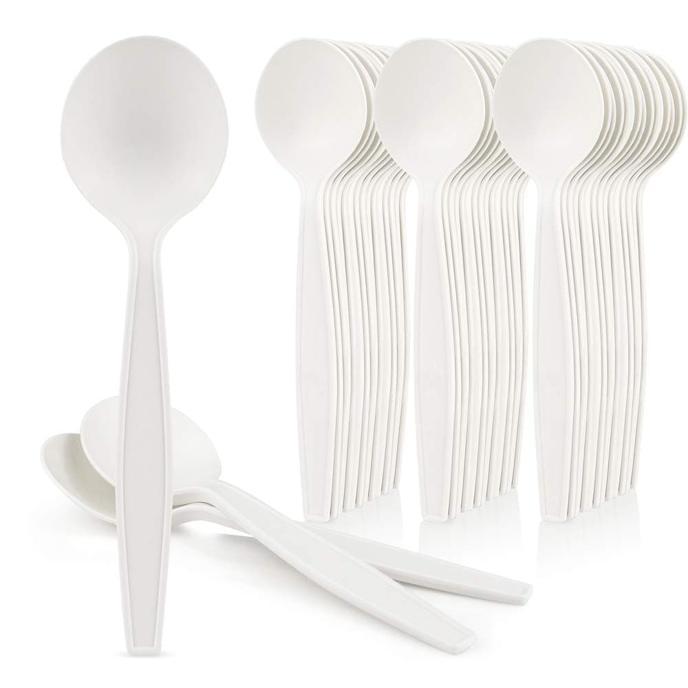 Eco-Friendly 50 Pack Cornstarch 6" Disposable Soup Spoons: Heavy Duty Disposable Spoons Alternative to Plastic Spoons, Plasticware Utensils Cutlery, Ivory. Soup Spoons Disposable Easily