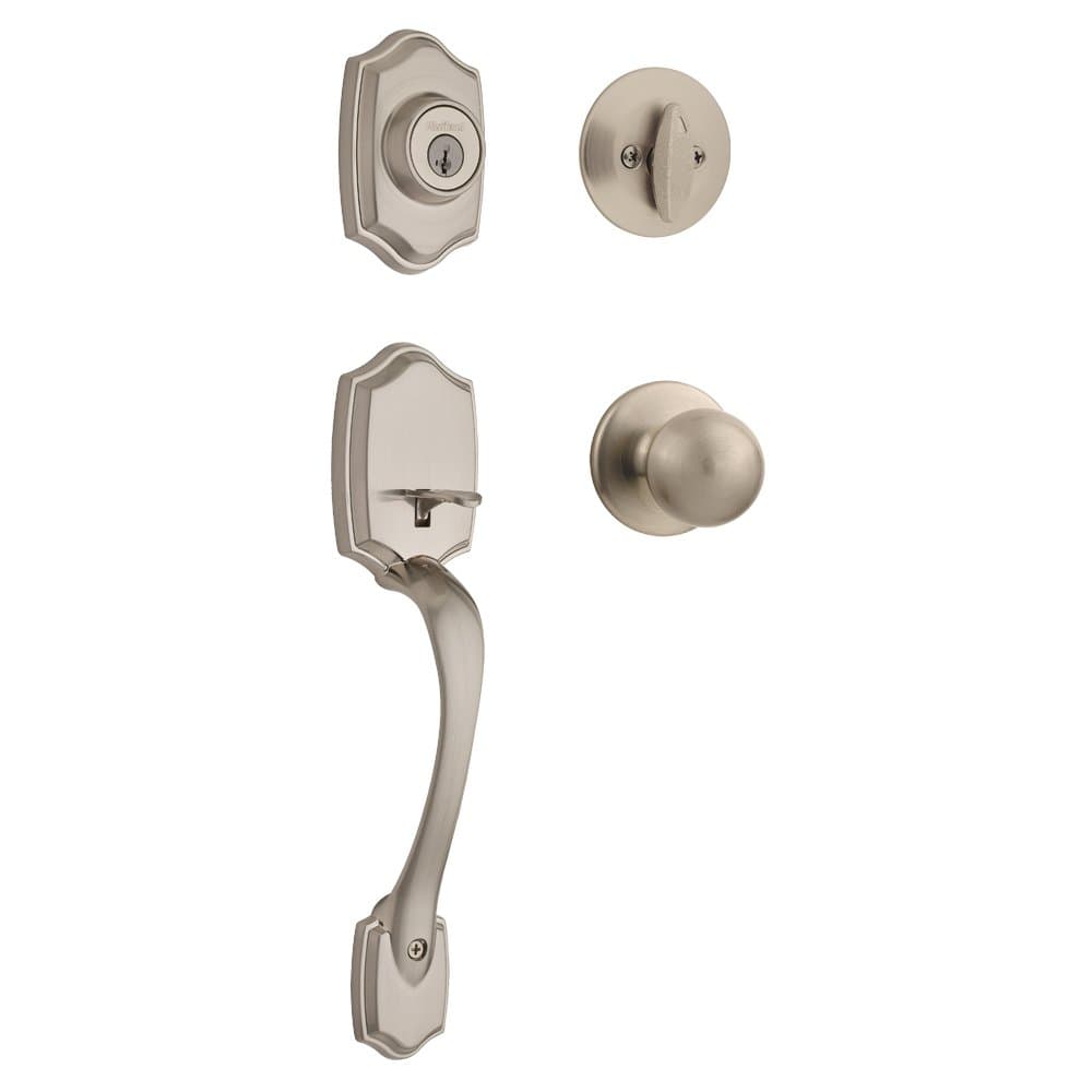 Kwikset Belleview Front Door Lock Handle and Deadbolt Set, Entry Handleset Exterior with Interior Door Knob, Satin Nickel, Pick Resistant SmartKey Rekey Deadbolt Security