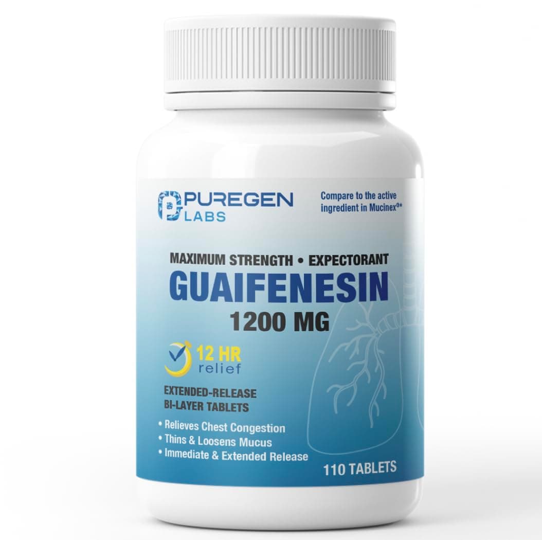 P Puregen Labs Mucus Relief 12 Hour Extended Release Guaifenesin 1200mg Maximum Strength | Value Size 110 Count | Chest Congestion Expectorant Tablets