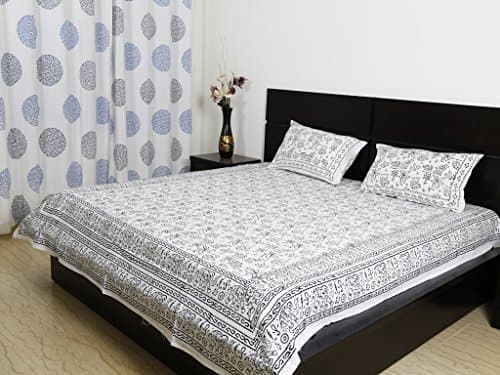 Ethnic Rajasthan Double Bedsheet with Pillowcase Hand Block Print Double (Dimension - 90 108 Inch) White