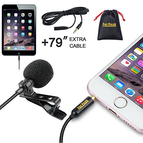 Lavalier Lapel Microphone Omnnidirectional Condenser Mic with Clip on System for iPhone iPad Android Windows Smartphones Recording YouTube Interview Podcast ASMR