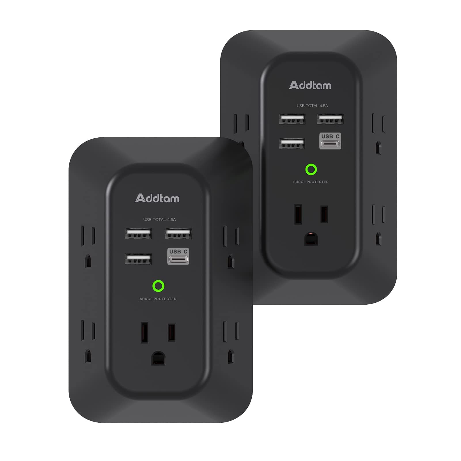 2 Pack Addtam USB Wall Charger Surge Protector, 5 Outlet Extender with 4 USB Charging Ports (1 USB C Outlet) 3 Sided 1800J Power Strip Multi Plug Outlets, Wall Adapter Spaced for Home Office, Black