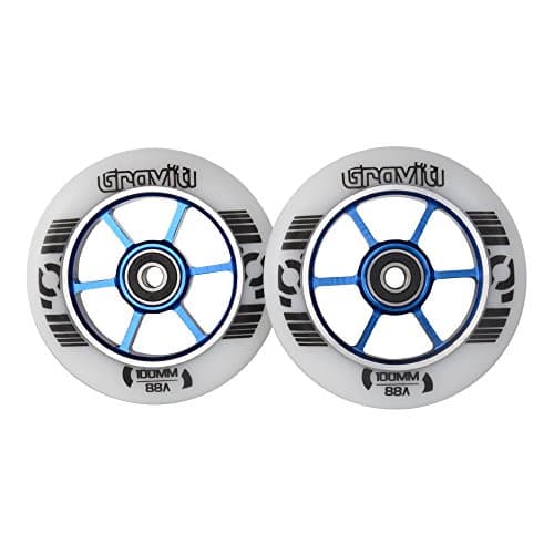 100mm Pro Stunt Scooter Wheels One Pair with ABEC-9 Bearings CNC Metal Core (2pcs) (white pu blue core)