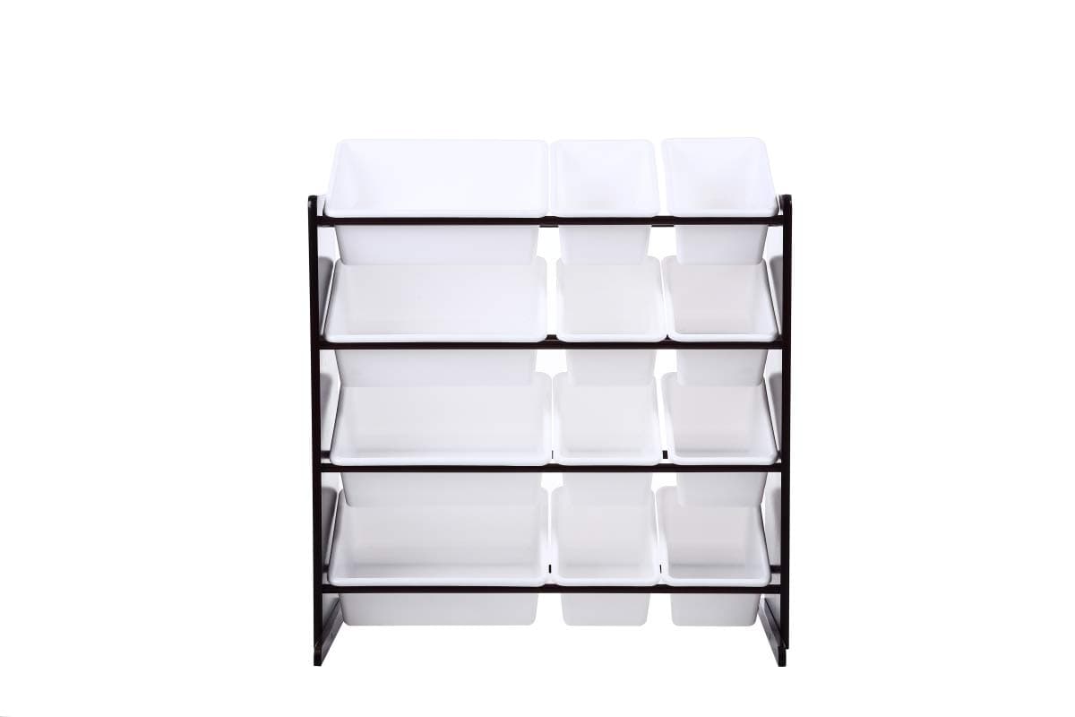 Phoenix Home Storage Organizer with 12 Plastic Bins, Wood, White+Espresso
