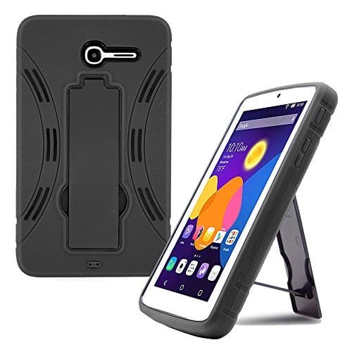 Alcatel Pop 7 LTE Case by KIQ (TM) Drop Protection Hybrid Case Silicone Plastic Cover Built-in Kickstand for Alcatel One Touch Pop 7 LTE 9015W - Black/Black