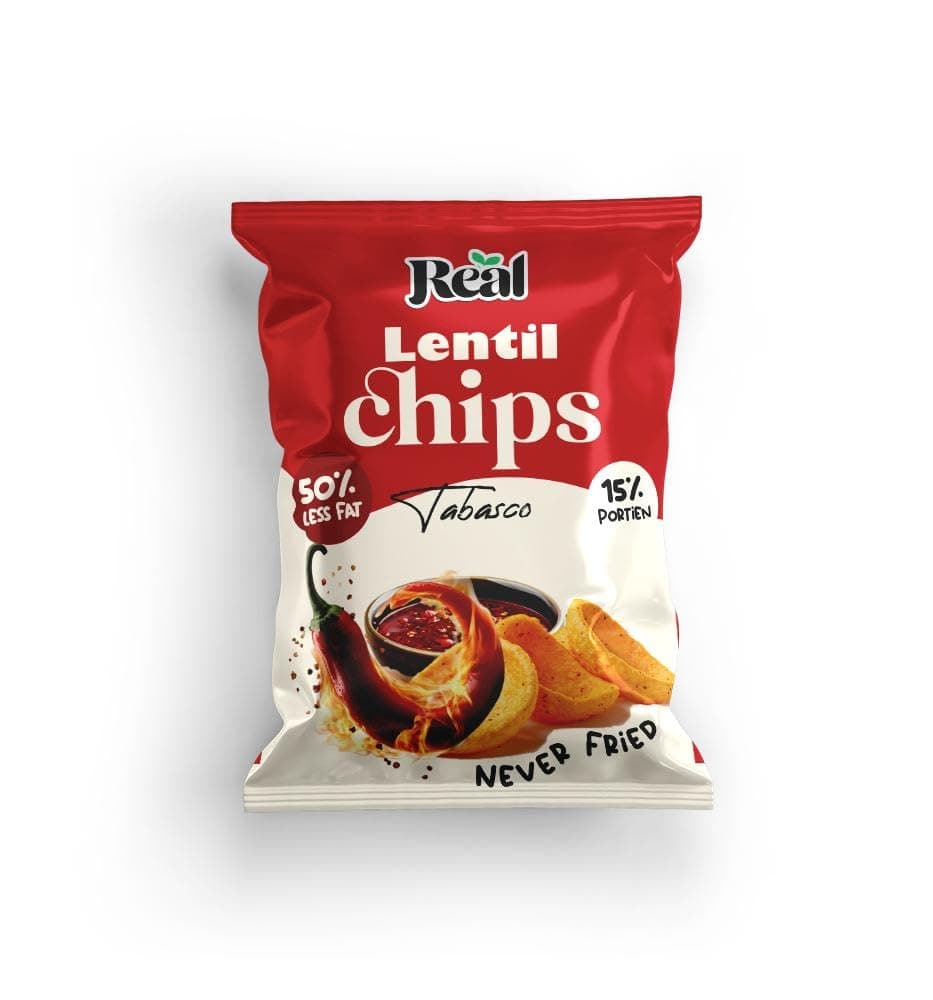 Real Chips - Lentil Chips – Tabasco Flavor, 60g Pack – 50% Less Fat, Never Fried, Crunchy & Spicy Healthy Snack