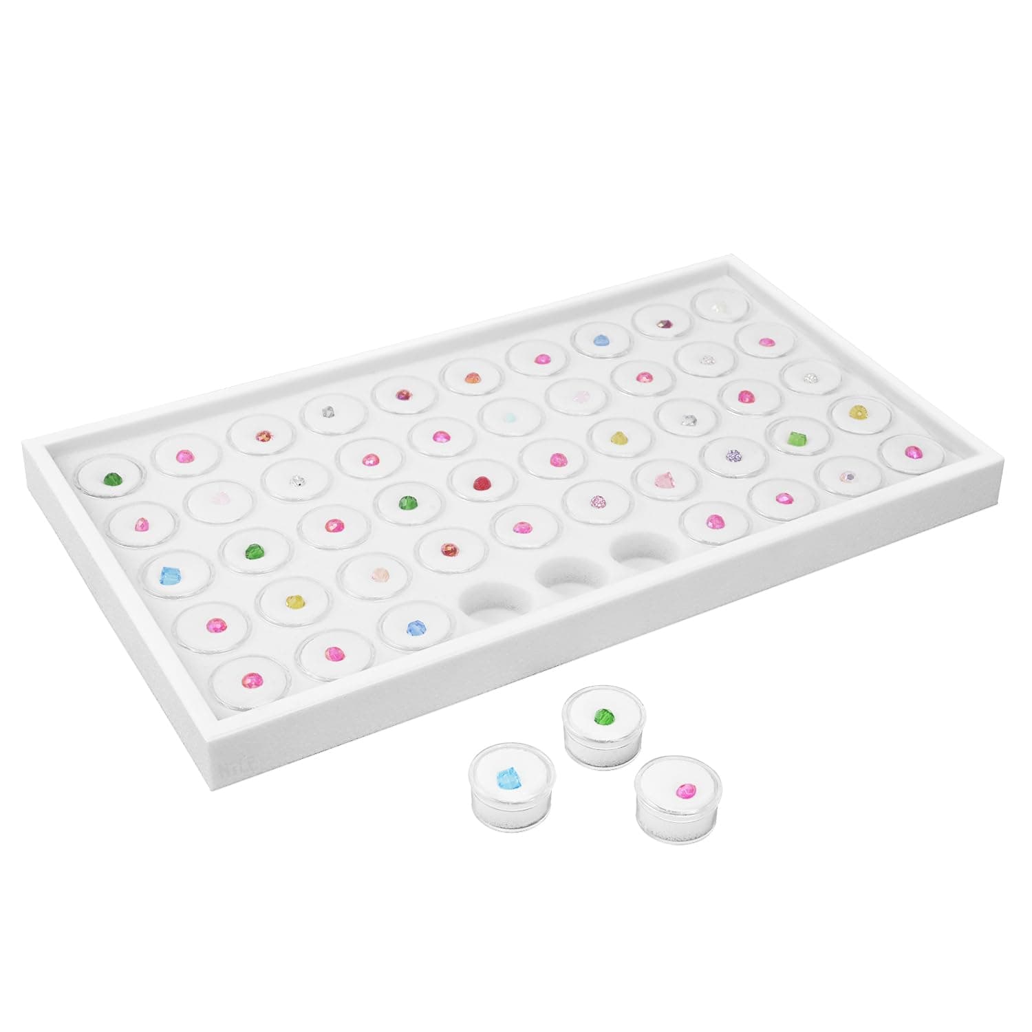Ikee Design 50 White Foam Gem and Bead Storage Jars Showcase Stackable Display Tray Storage Box for Collectibles, Home Organization, 14.75 W x 8.25 D x 1 H in