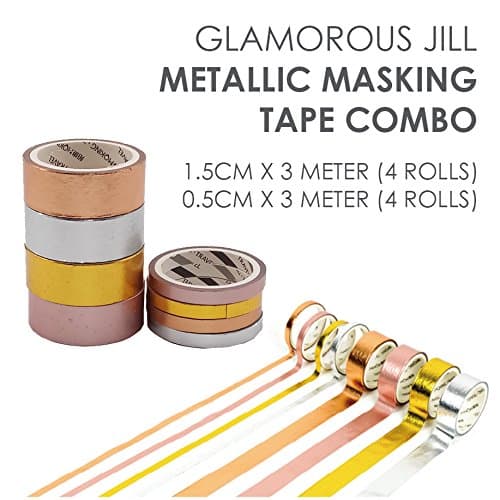 Value Pack- Fancy Scrapbook Washi Masking Tape- Combo (Metallic 8 Rolls- 1.5cm X 3 Meter (4 Rolls) + 0.5cm X 3 Meter (4 Rolls))