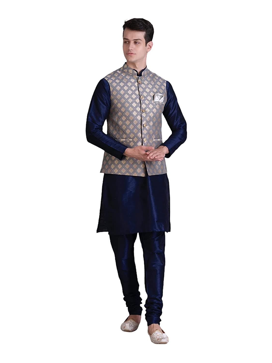 Men's Silk Blend Regular Kurta Churidar Pyjama with Bundi Nehru Jacket/Waistcoat