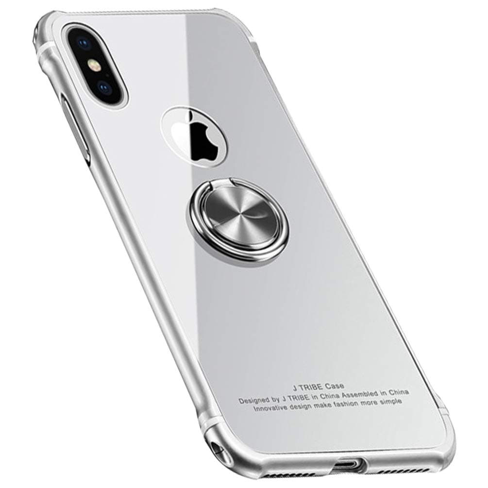 iPhone Xs Max Glass Case, Premium Aluminum Alloy Frame Ring Holder Magnetic Car Thin Rugged Protective Cover Compatible with iPhone Xs Max(White)