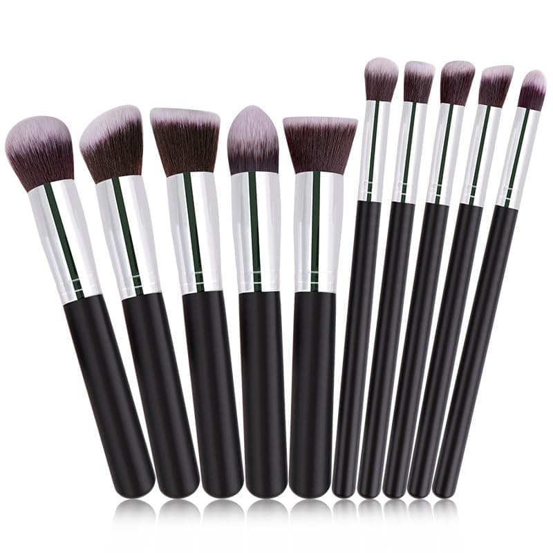 Wress 10 Pcs Makeup Brush Set, Professional Make Up Brush Sets with Case, Round Brush, Angled Flat Brush, Angled Eye Brush and Small Eye Brush, Eye Shadows Brush Sets (Black Silver)