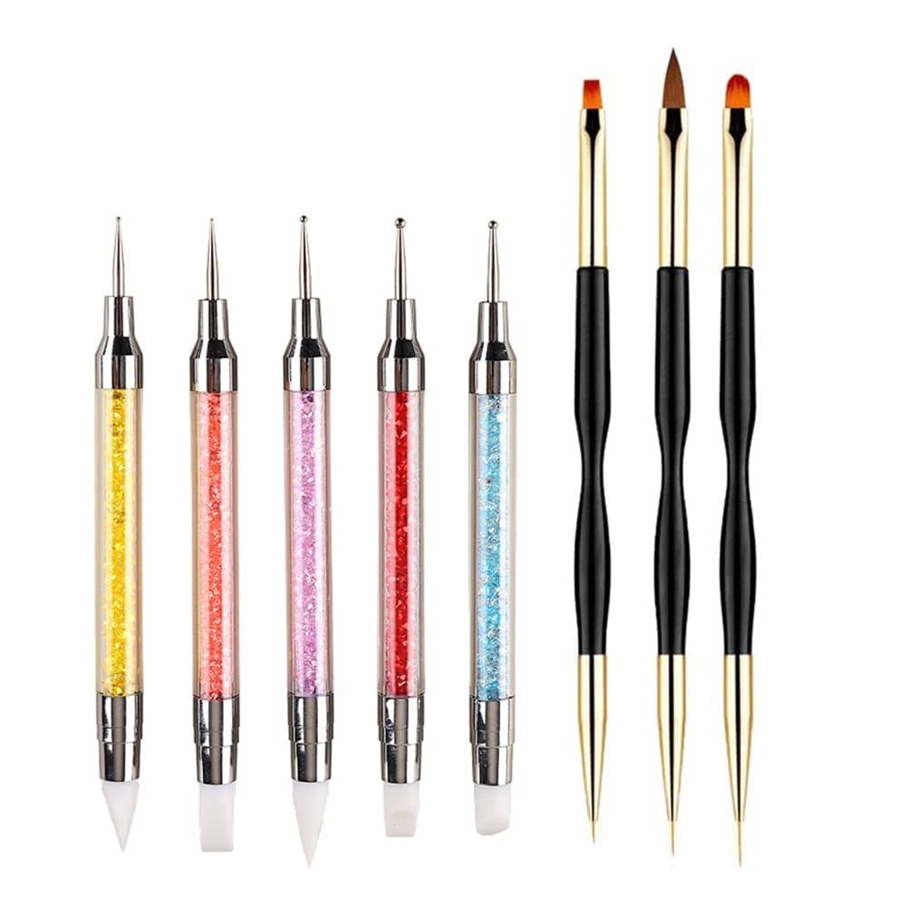 5PCS Dual-Ended Nail Art Sculpture Pen Dotting Tools with 3PCS Nail Painting Brushes, Silicone Nail Polish Brushes Stainless Steel Carving Drawing Tool, Acrylic Rhinestone Handle