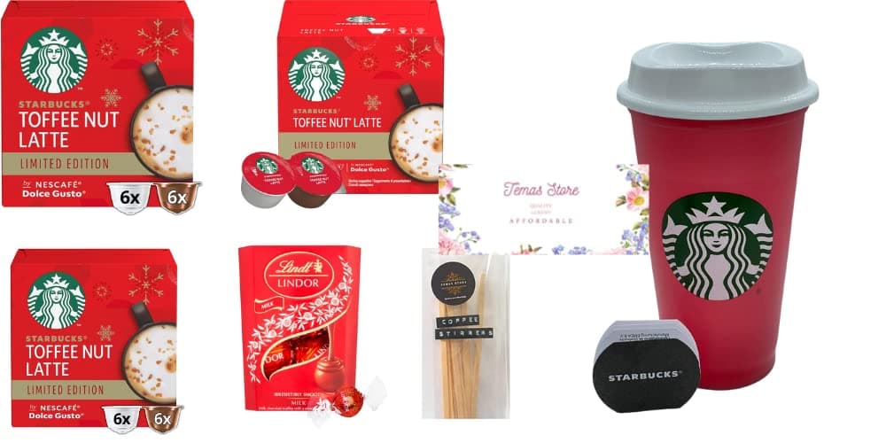 Toffee Nut Latte Gift Compatible With Lovers Of Starbucks | Include 3 Packs of Dolce Gusto Toffee Nut Coffee Pods And Red Festive Reusable Coffee Cup, Lindt Chocolate, Coffee Stirrer (18 Coffee Pods)