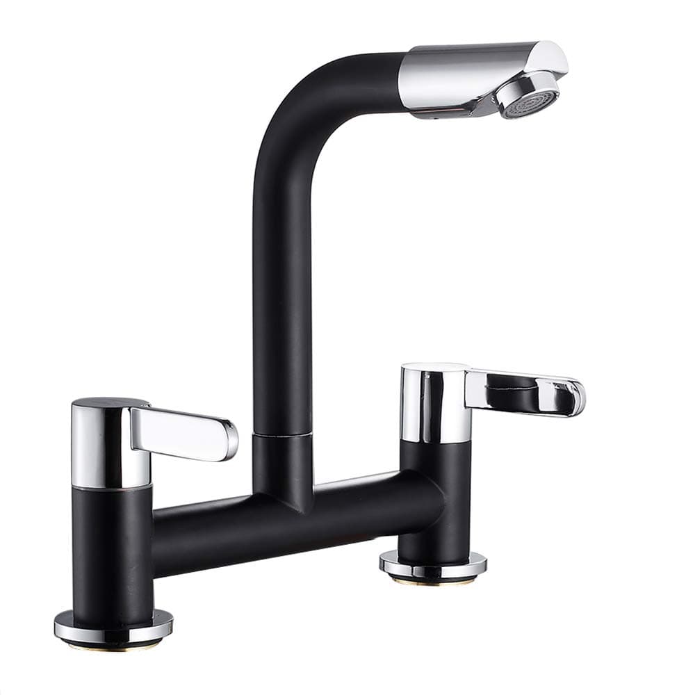 GhopyDual Lever Kitchen taps Mixers 2 Hole Deck Mounted Cold and Hot Mixer Tap Modern 360° Swivel Spout Brass Basin Black Faucet with UK Standard Fittings (Black)