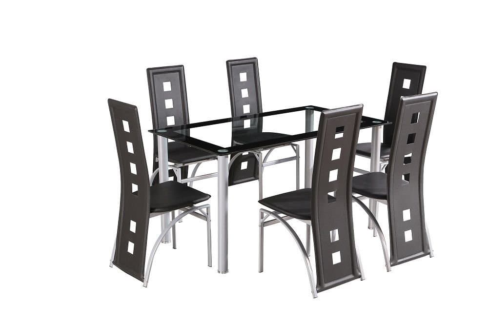 CRAZY SALE : Glass Square Dining Room Table Set and 6 Chairs Faux Leather Furniture : black