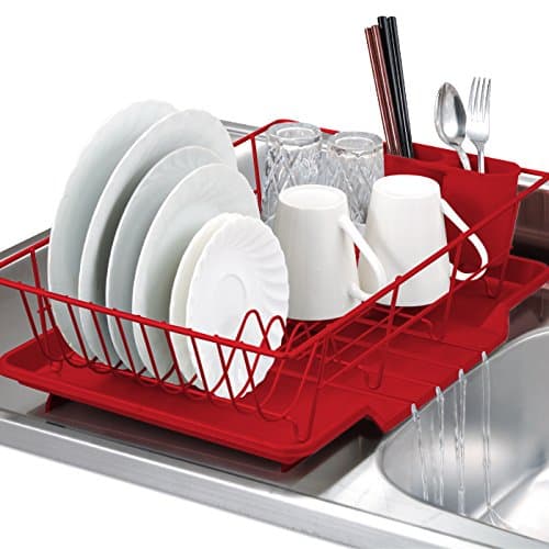 SKEMIX 3 Piece Kitchen Sink Dish Drainer Set - Red