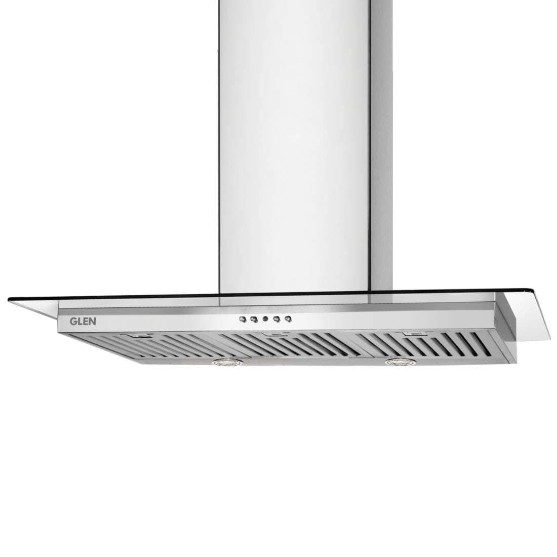 Glen 90 cm 1250m3/hr Glass Wallmounted Kitchen Chimney With 7 Year Warranty On Motor, 3 Baffle Filters Push Buttons (6062 SS, Silver)
