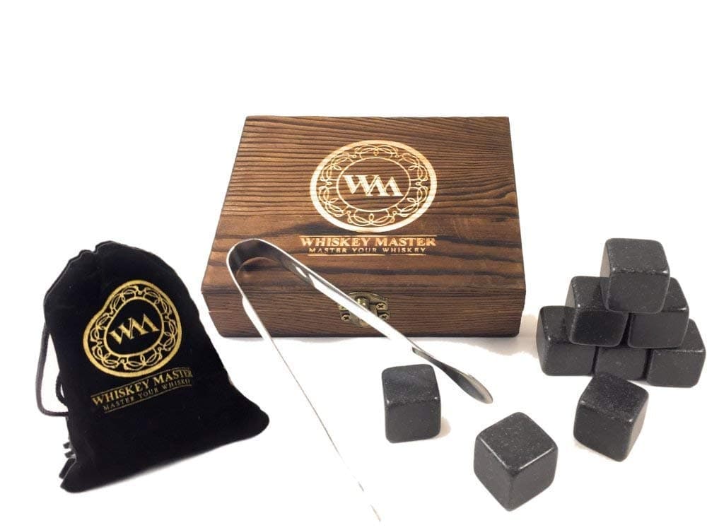 WHISKEY STONES- PREMIUM WOODEN BOX SET- includes 9 BLACK WHISKEY STONES, VELVET BAG, and STAINLESS STEEL TONGS- by WHISKEY MASTER
