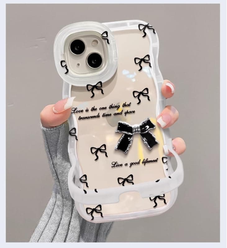 3D Cute Creative Bow-Knot Cartoon 3D Coquette Bow Floral Decor Wave Curly Edge Invisible Double Phone Stand Holder Hard Translucent Cover Girly Charm Case for Apple iPhone 14 (Black White)