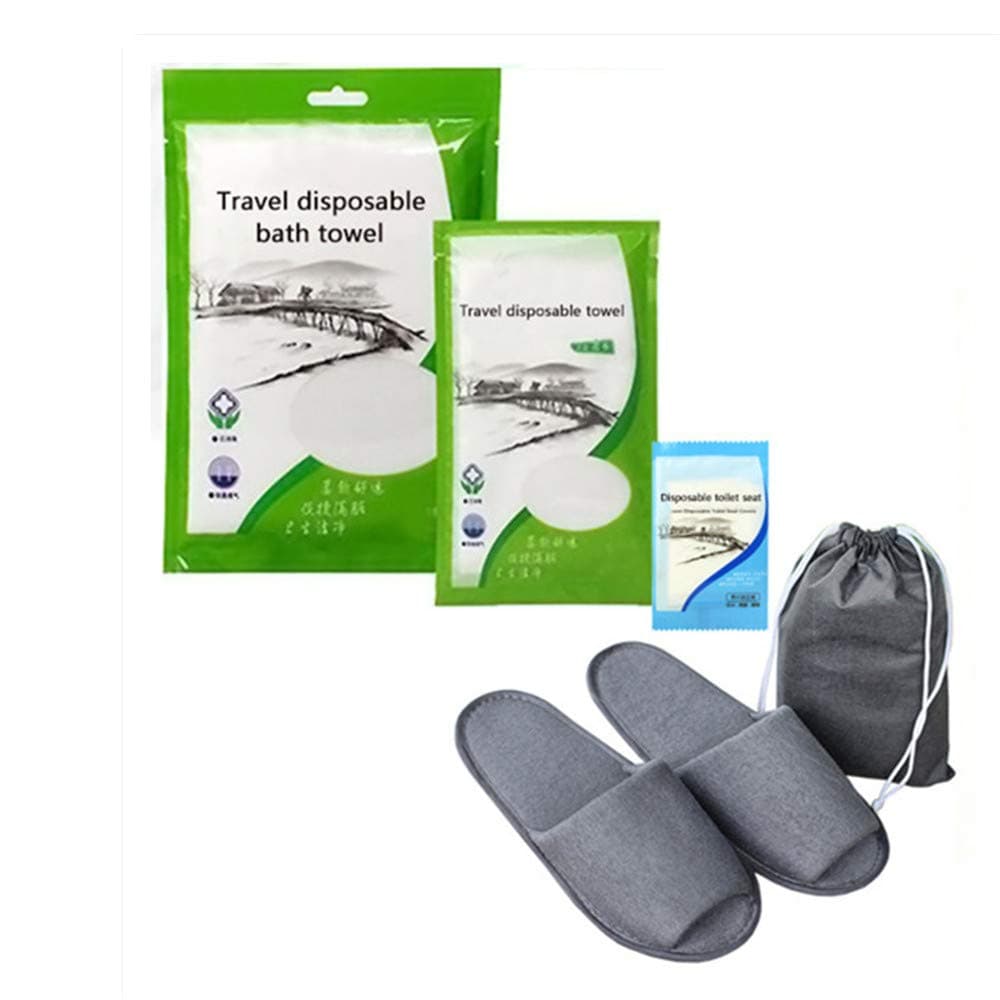 AIFMY Low Carbon Compressed Disposable Travel Goods Include Disposable Towels, Bath Towels, Toilet Seats, Folding Slippers Four Kinds Products for You a Clean and Convenient Travel (White/Grey)