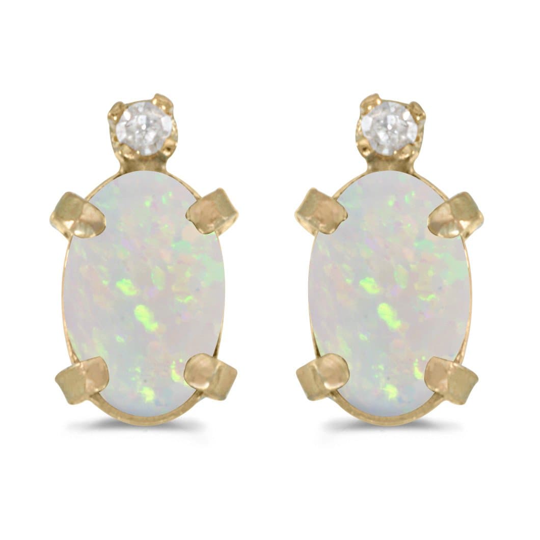 14k Yellow Gold Oval Opal And Diamond Earrings
