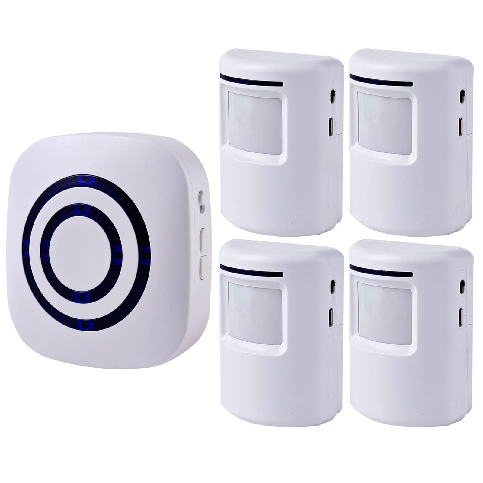 Motion Sensor Alarm, Wireless Driveway Alarm, Home Security Business Detect Alert with 4 Sensor and 1 Receiver,38 Chime Tunes - LED Indicators for Indoor Use