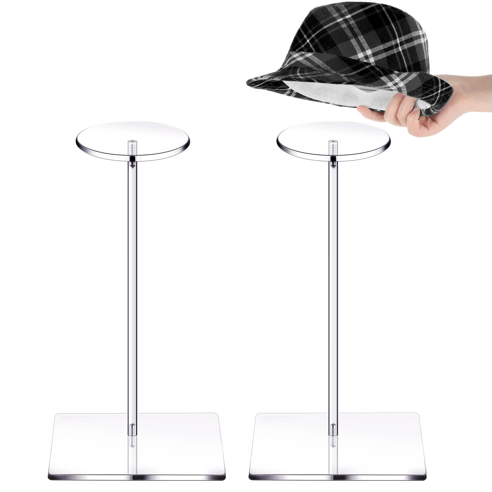 Yookeer 2 Set 12 Inch Clear Acrylic Hat Stands and Wig Display Rack Stands for Multiple Hats Display Tabletop Baseball Caps Watch Tabletop (Square Bottom)
